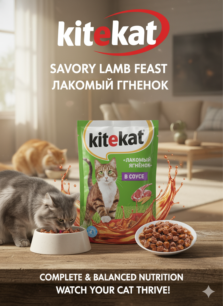 Влажный корм для кошек Kitekat, в cоусе с ягненком, 85 г