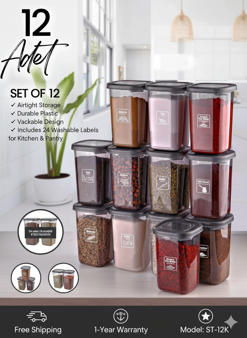 Kitchen Life Набор из 12 квадратных баночек для специй с маркировкой «Modernity» 400 мл — Набор контейнеров для хранения продуктов