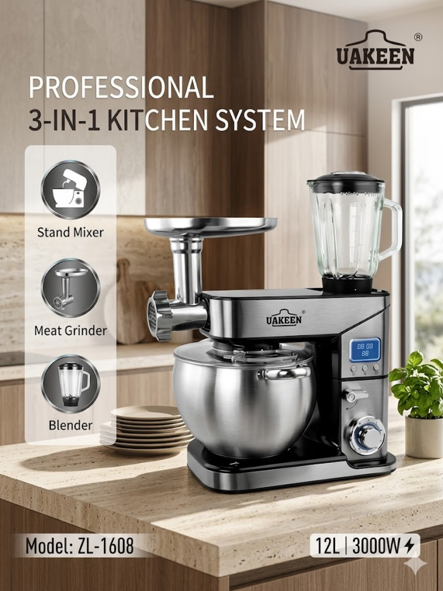 Профессиональный кухонный комбайн 3 в 1 UAKEEN ZL-1608 (3000 Вт, 12 л)