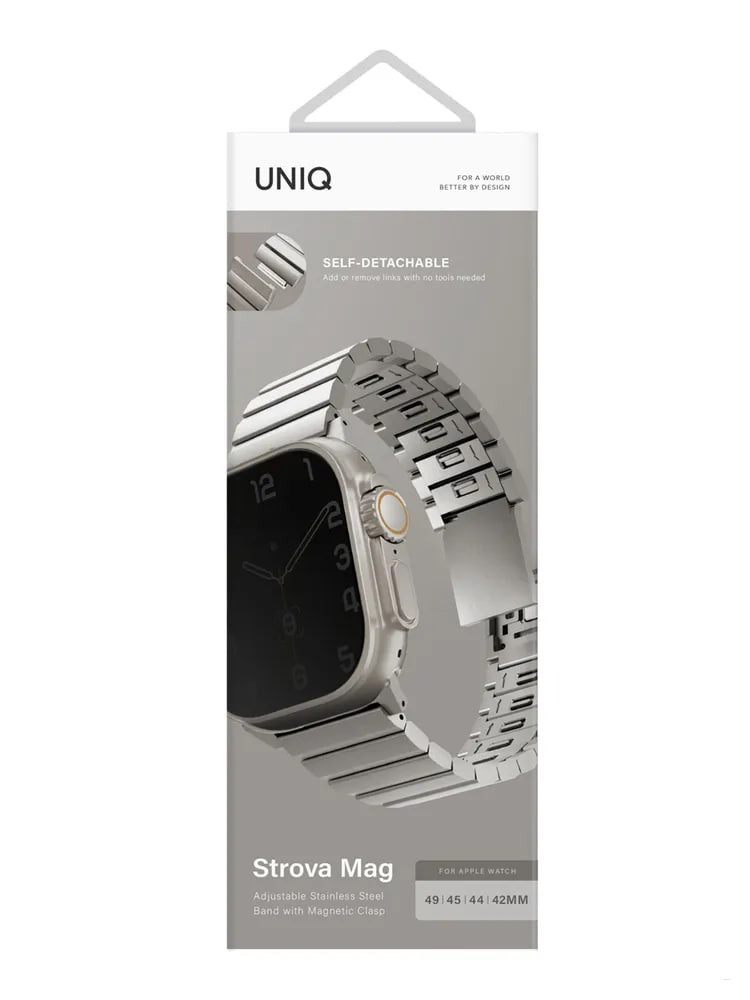 Ремешок UNIQ Strova MAG для смарт часов Apple Watch 44 45 46 49 мм из нержавеющей стали блочный с регулировкой длины и магнитной застежкой, серебристый